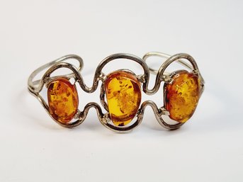 Wow....UNIQUE Vintage Sterling Silver AMBER Stone Cuff Bracelet
