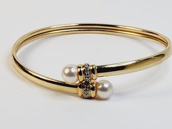 Unique 14k Yellow Gold Pearl Bendable Cuff Bangle Bracelet (slip On)