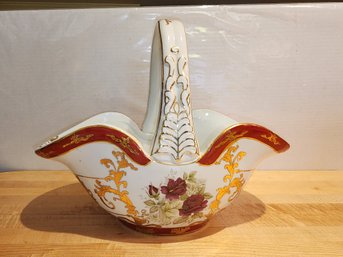 Flower Basket Ceramic Bowl, Red And Gold Trim