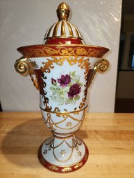 Ceramic Vase With Lid Red With Gold, French Courting Couple