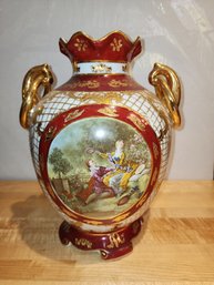 Wide Ceramic Vase, French Courting Couple, Red And Gold Trim