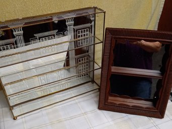 Pair Mirrored Glass And Wood Shelves