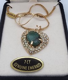 Vintage 7 CT Genuine Emerald Pendant Necklace In Gold-Tone