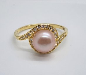 Freshwater Purple Cultured Pearl, Simulated Diamond Bypass Ring In 14k Yellow Gold Over Sterling