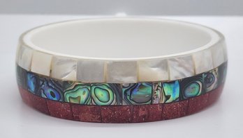 Mother Of Pearl, Abalone Shell Inlay With White Resin Bangle Bracelet