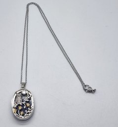 Lapis Lazuli Owl Pendant Necklace In 14k Yellow Gold & Platinum Over Copper With Magnet & Stainless