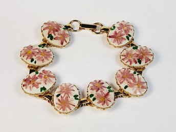 Gold Tone Vintage Painted Flower Inlay Bracelet