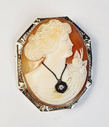 LARGE Antique 14k Gold Carved Shell Cameo With Diamond Pin/ Pendant