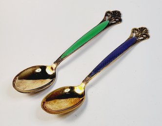 Small Ornate  Blue/ Green  Inlay TH Marthensen Sterling Silver Sugar Spoons From Norway