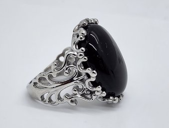 Onyx Solitaire Ring In Rhodium Over Sterling