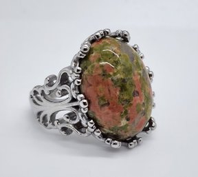 Unakite Solitaire Ring In Rhodium Over Sterling