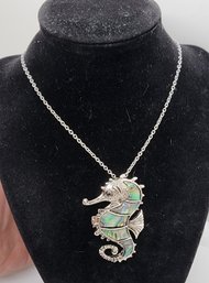 Abalone Shell, Black Austrian Crystal Seahorse Pendant Necklace In Silvertone & Stainless