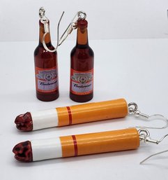 Handmade Cigarettes & Beer Earrings With Sterling Ear Wires