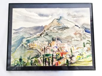 Framed Watercolor Mountain Village Print Signed By Artist