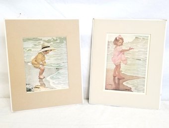 Pair Of Jessie Willcox Smith Matted Prints: Toddler By The Sea/little Drops Of Water