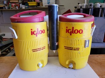 Two IGLOO 5 Gallon Industrial Drinking Water Dispenser With Cup Sleeves