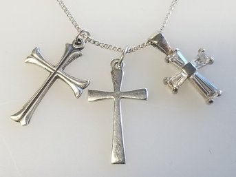 Trio Of Sterling Silver Religious Cross Pendants With Silver Chain