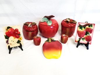 Very Cute Selection Of Rustic Apple Wall Plaques, Canisters  And Salt/pepper Shakers