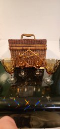 Vintage Picnic Basket And 4 Vintage Glasses