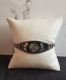 Vintage Enamel And Abalone Shell Floral Design Hinge Bracelet