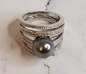Beautiful Grey Faux Pearl Fashion Silvertone Cocktail Ring Size 11