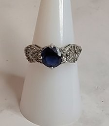 Beautiful Fashion CZ And Blue Stone Silvertone Ring Size 8