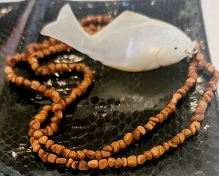 Gold Stone Beaded Necklace With Mother Of Pearl Fish Pendant