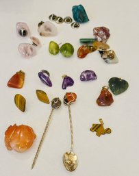 Group Of Colored Stones Of Spoon, Pins, Pendants