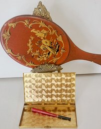 Vintage Laminated Mirror, Cigarette Holder,and Gold Filled Cigarette Case.