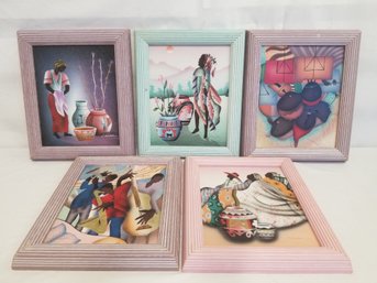 5 African American Folk Art Prints On Wood Signed By Artists