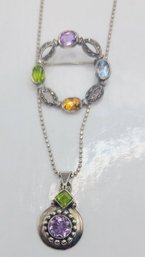 Sterling Multi Stone Pendant Necklace And Colored Stone Silver Plated Circle Pin