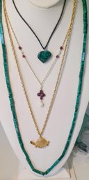 Group Of Four Necklaces Including Turtle, Heart, Cross And Malachite Necklaces