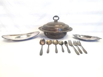 Vintage Silver Plate Lot: Covered Dish, Small Oval Platters & Rogers Bros Daffodil Silverware