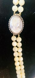 Vintage 1950s Cameo Necklace Hand-carved Shell With Handcarved Polished Alabaster Beads - Rare Find!