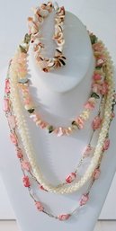 Coral And Alabaster Seed Beaded Necklace Paired With Shell Necklaces And Bracelet