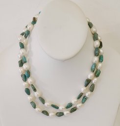 Stunning Turquoise And Pearl Necklace 32'