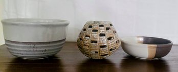 Three Mid-Century Ceramic Bowls And Vessel Decor