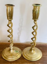 Pair Of Vintage Twisted Brass Candle Holders