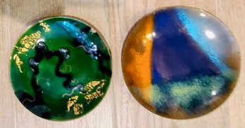 Two Unusual Enamel Plates, Handpainted0 Abstract Designs  On Copper?