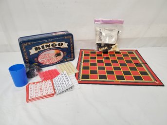 Vintage NOS Cardinal Bingo Game Tin & ES Lowe Renaissance Travel Chess Set