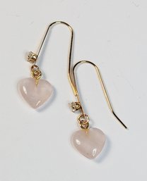 14k Yellow Gold Hanging Pink Stone Heart Earrings