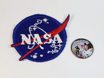 NASA Space Patch And Colored 2017 Kennedy Half Dollar Neil Armstrong Walk On The Moon
