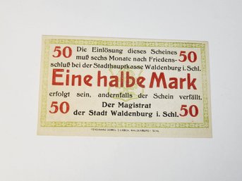 ANTIQUE....1920s 50 Pfennig Eine Halbe Mark Bank Note  Notgeld German For 'Emergency Money' Perfect Condition