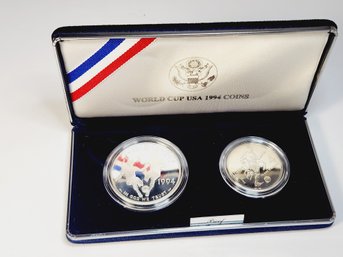 1994 World Cup Soccer Commemorative PROOF Silver Dollar And Half Dollar 2 Coin Set From Gov. With COA