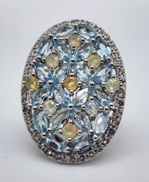 Ethiopian Welo Opal, Blue Glacier Topaz, White Topaz, Rhodium Over Sterling Ring