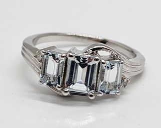 Aquamarine & Diamond Ring In Rhodium Over Sterling