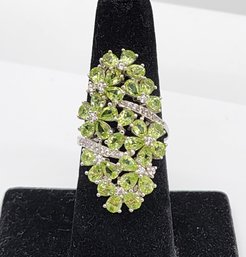 Green Peridot, White Zircon Elongated Ring In Rhodium Over Sterling