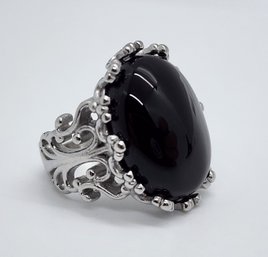 Jet Black Onyx Ring In Rhodium Over Sterling