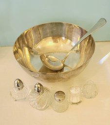 International Silver Plated Bowl And Spoon Plus A Collection Of Vintage Salt Shakers Oneida Silver PLate