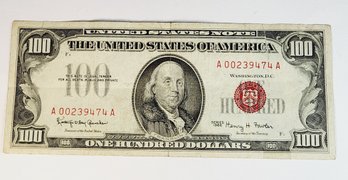 RARE......1966 Red Seal $100 Dollar Bill ( Tare Repaired With Tape )